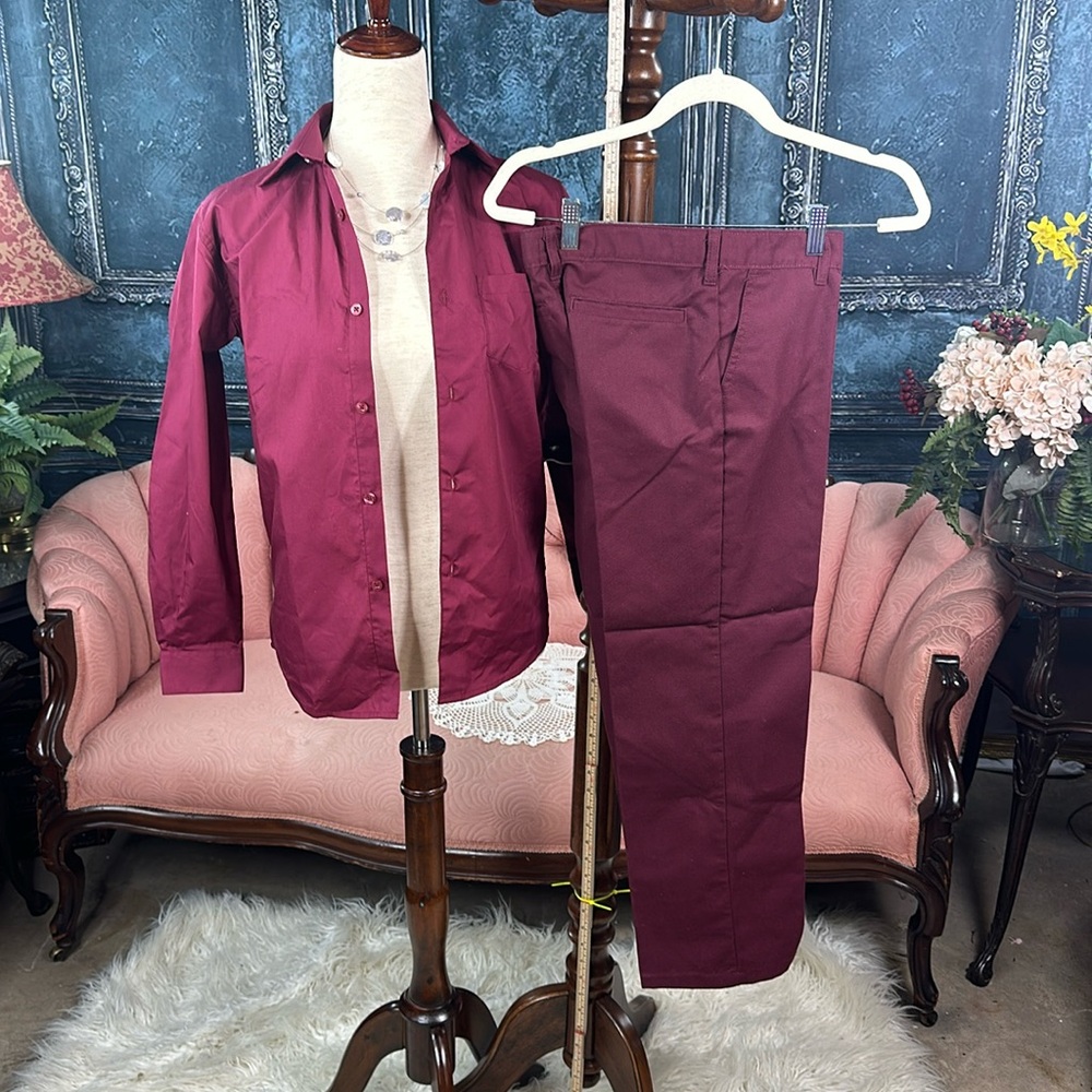 12 Boys set, Dickies pants, insider elastic waist + generic button down shirt.